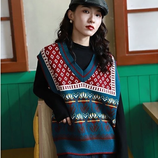 Áo len không tay cổ chữ v form rộng họa tiết hoa phong cách retro Hàn quốc