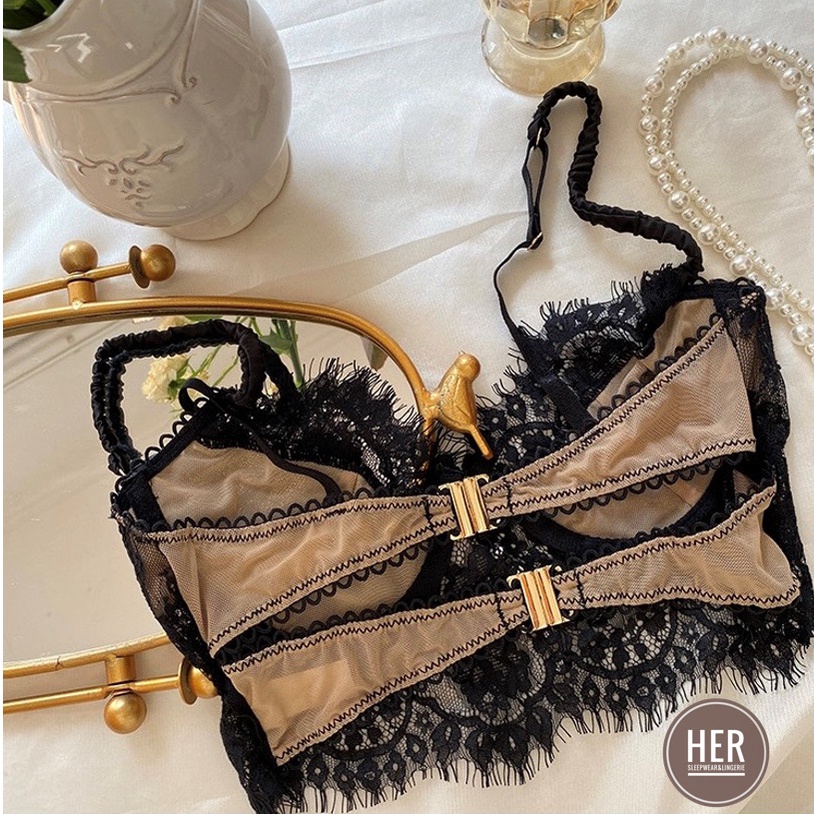 Áo bralette không mút, có gọng hàng cúc ren mềm xuyên thấu sexy màu đen BR01 - Her Sleepwear