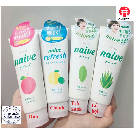 Sữa rửa mặt Kracie Naive Face Wash 130g Nhật Bản( Chanh, đào, lô hội, trà xanh)