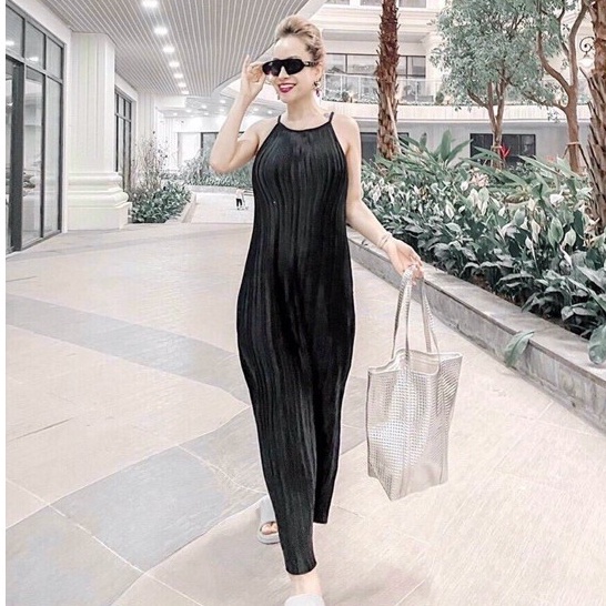 Đầm maxi LINH RUBI STORE cổ yếm dập li dáng suông dài rộng chất vải mềm mịn V008