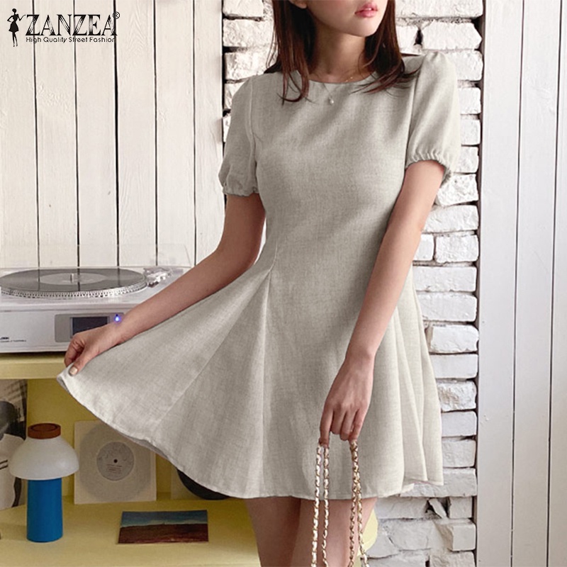 Đầm ZANZEA tay ngắn khóa kéo thời trang phong cách hàn quốc cho nữ