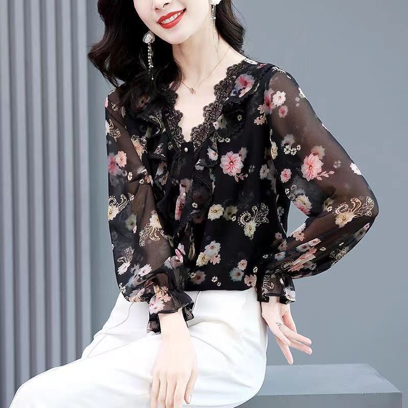 Áo Kiểu Cổ Chữ V Chất Chiffon Phối Ren Hoa Thời Trang Mùa Hè Cho Nữ
