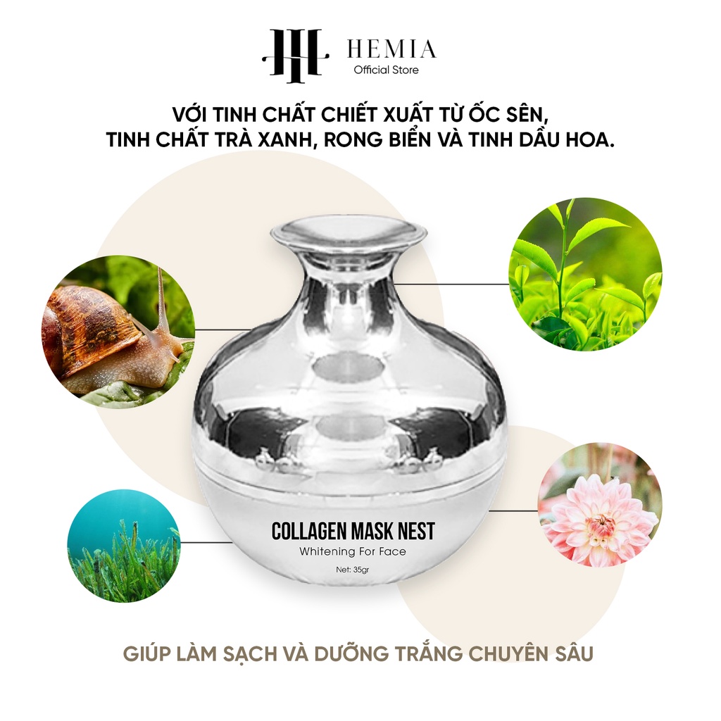 Ủ trắng da mặt, Kem dưỡng trắng da, dưỡng thể siêu trắng Collagen mask nest HEMIA hộp 35gr