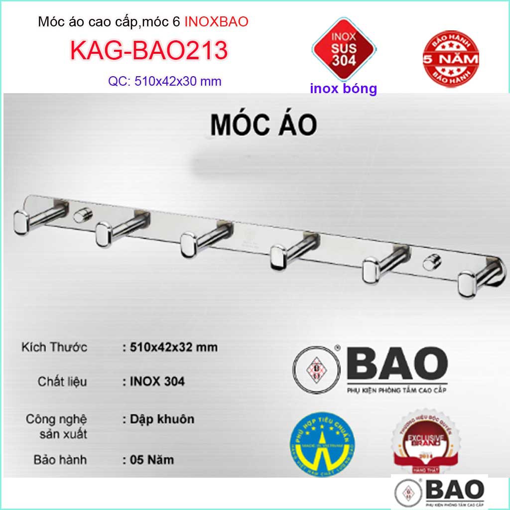 Móc 6 Inox Bảo KAG-BAO213, móc áo phòng tắm SUS304 dập sáng bóng sang trọng thiết kế tuyệt đẹp siêu bền