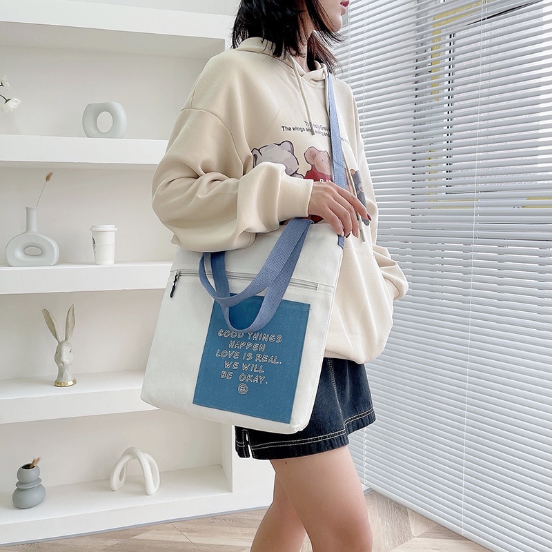 Túi Xách Canvas Phối Màu Sắc Tương Phản Thời Trang Cho Nữ