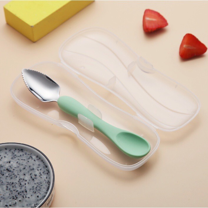 Thìa Nạo Nhỏ Hoa Quả, Thìa 2 trong 1, Muỗng Ăn Dặm 2 in 1 Đầu Silicon và Inox 304 Babibu-T2IN1