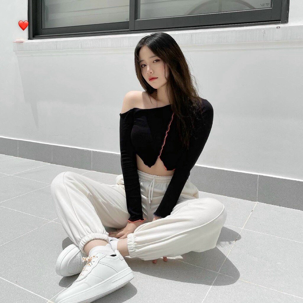 ÁO THUN CROPTOP TAY DÀI LỆCH VAI 1 BÊN PHỐI VIỀN, XẺ TÀ TRƯỚC SIÊU XINH FSHP8