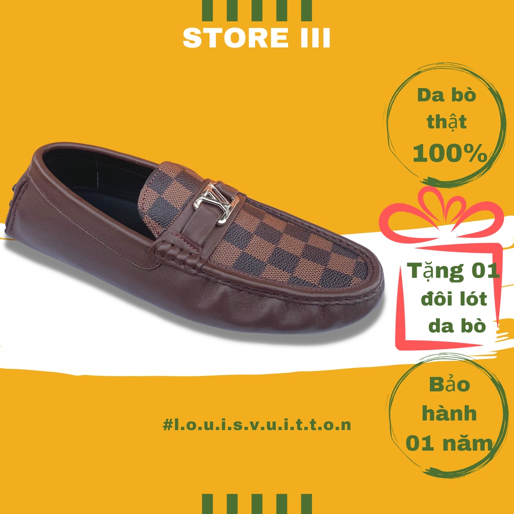 Giày lười nam hàng hiệu, giày moca nam đẹp LV cao cấp caro nâu – STORE III