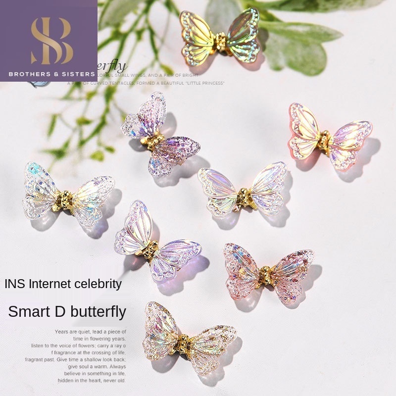 Đá trang trí móng tay nghệ thuật SUAKE hình bướm 3D bằng resin và kim loại đính zircon lấp lánh DIY cho salon