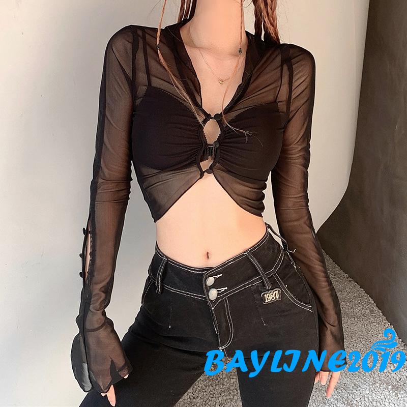 Áo Thun Dài Tay Phối Lưới Xuyên Thấu Phong Cách Đường Phố