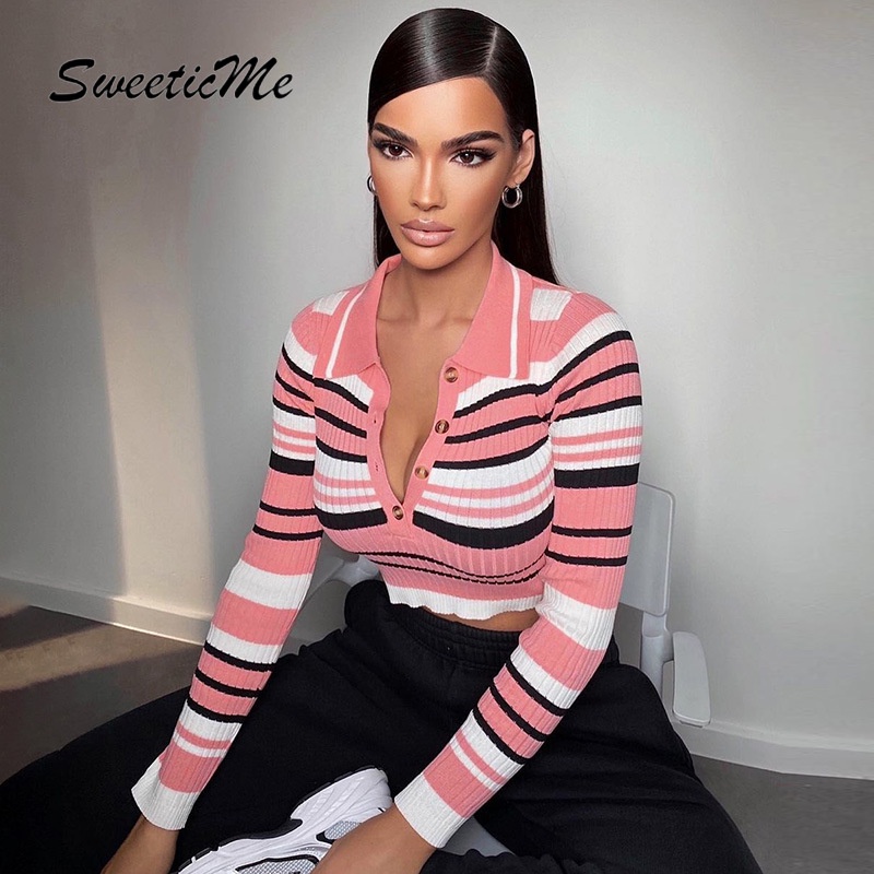 Áo Sweater Cổ Polo Kẻ Sọc Phối Màu Hàng Mới Ngọt Ngào Thời Trang Cho Nữ 2022