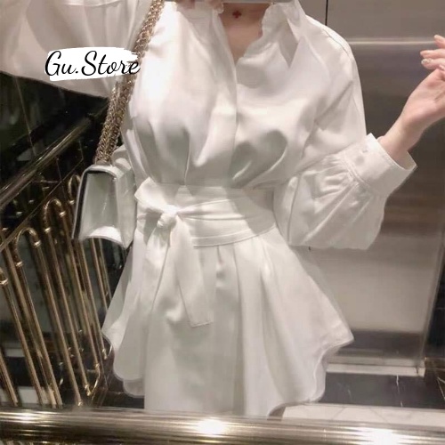 Set Váy Sơ Mi Hai Màu Đen Trắng Kèm Đai Buộc Uzzlang Gu store Hot Trend 2021 Ba Món Kết Hợp Được Nhiều Phong Cách mã044