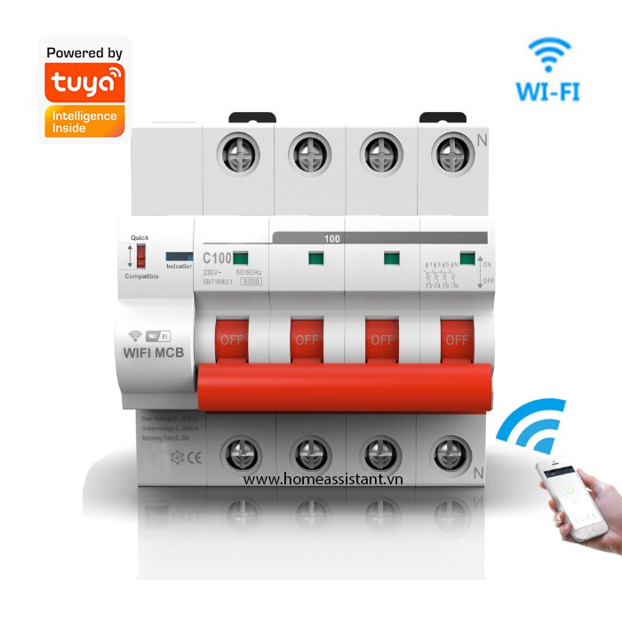 Aptomat Điều Khiển Từ Xa Bảo Vệ Điện Áp 3Pha 100A Wifi Tuya SM4-100