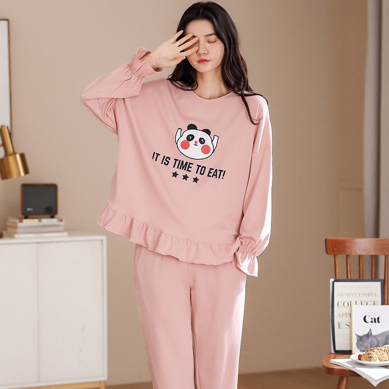 Bộ Đồ Ngủ Pijama Dài Tay In Hình Gấu Dễ Thương Phong Cách Hàn Quốc Cho Nữ