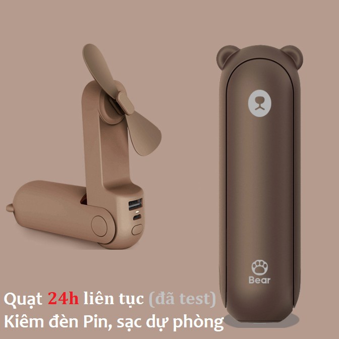 Quạt Tai Gấu Mini Cầm Tay Tích Hợp Sạc Dự Phòng 2000mAh Và Đèn Pin Siêu Sáng | BigBuy360 - bigbuy360.vn