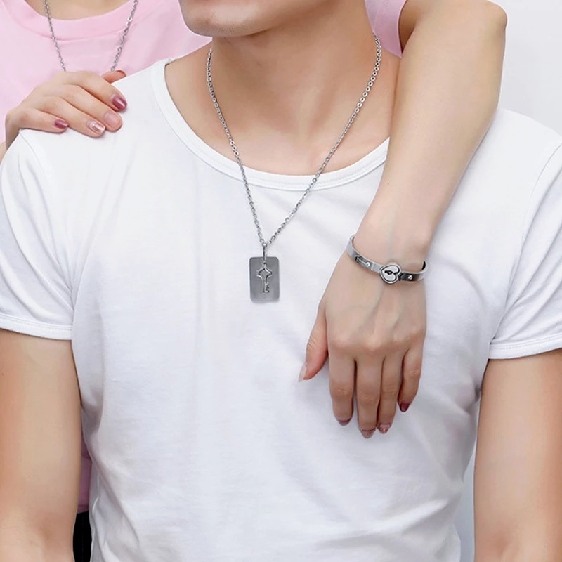 Bộ Vòng Tay + Vòng cổ + Chìa Khóa Bằng Thép Không Gỉ Cho Cặp Đôi