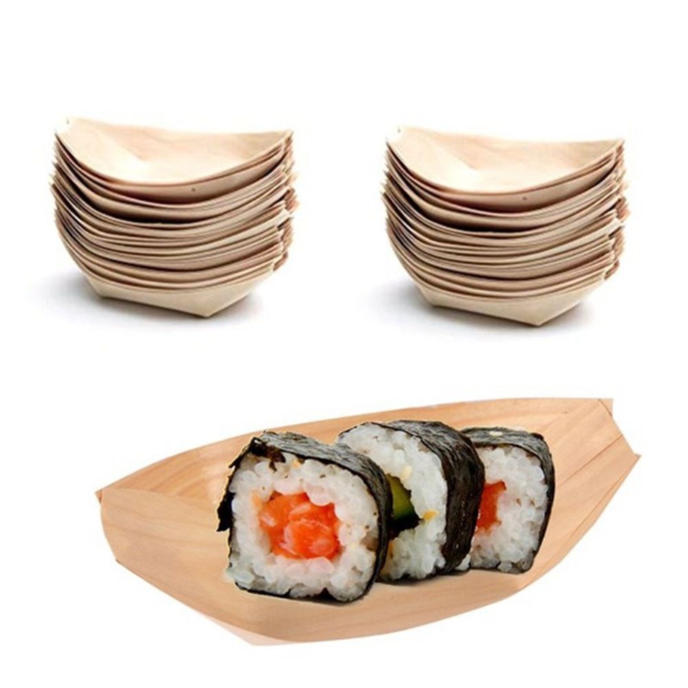 Set 50 khay gỗ dùng đựng sushi hình chiếc thuyền sử dụng một lần