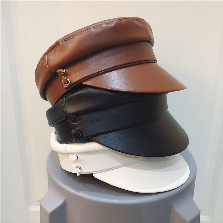 Mũ Beret Da pu Phẳng Màu Trơn Phong Cách Retro Anh Quốc Nổi Tiếng Cho Nữ