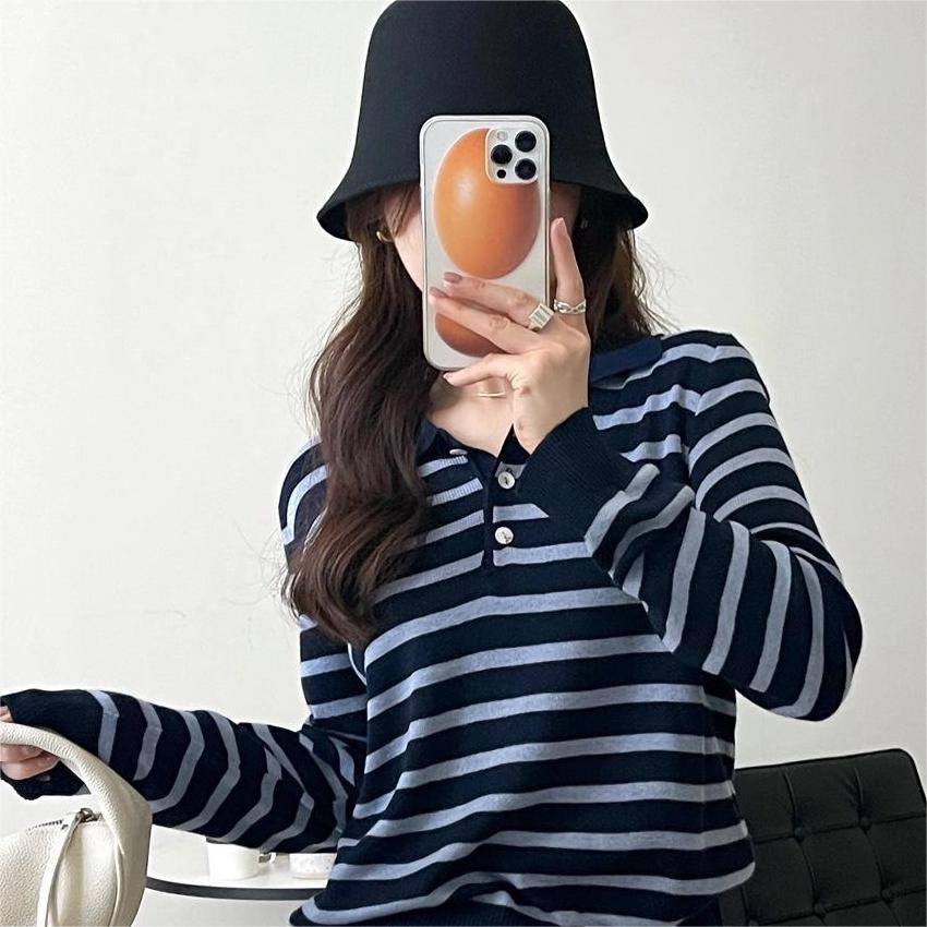 【ZHELIHANGFEI】Áo Len POLO Tay Dài Form Rộng Họa Tiết Sọc Dễ Phối Đồ