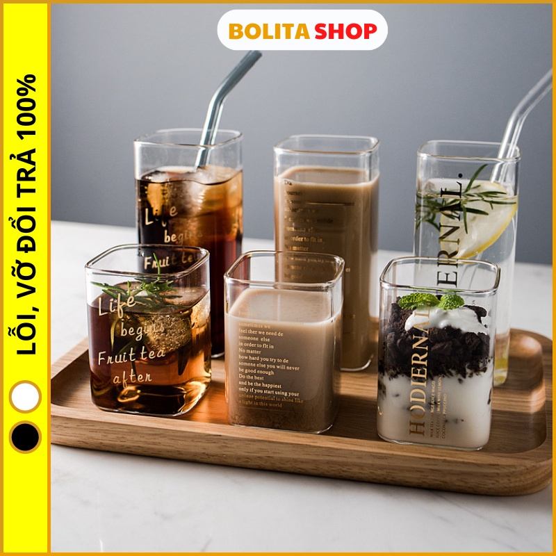 Cốc thủy tinh dễ thương trong suốt chịu nhiệt MILK TEA 250-400ml ly thủy tinh uống nước vuông cute ououdecor C021