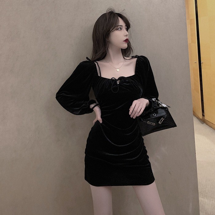 [RẺ ĐẸP]Mùa thu đông 2019 thời trang mới váy mid-length nữ slim retro cổ vuông vuông gợi cảm túi Pháp[sẵn M] | BigBuy360 - bigbuy360.vn