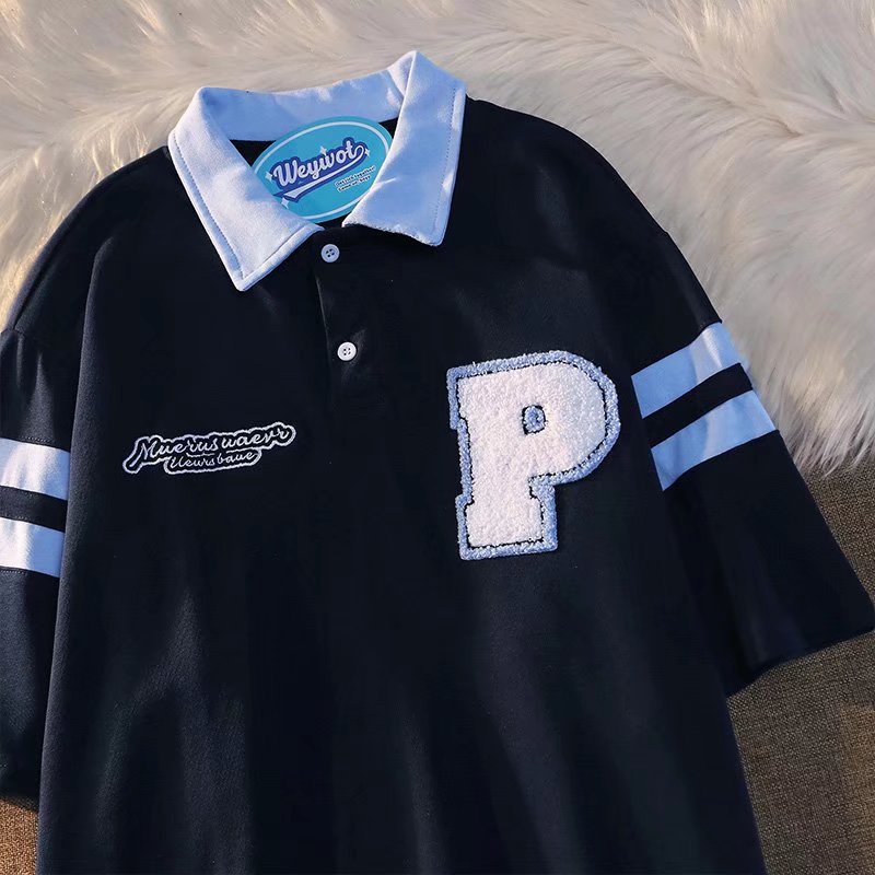 Áo Thun POLO Tay Ngắn Dáng Rộng Thêu Chữ Phong Cách Học Sinh Nhật Bản Dễ Phối Đồ Thời Trang Mùa Hè Cho Nam Nữ Size M-2xl