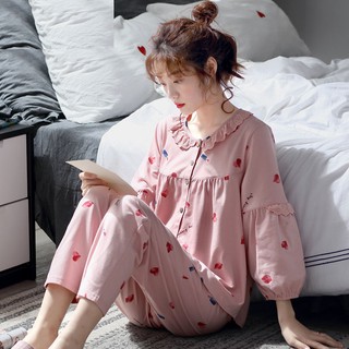 Bộ Đồ Ngủ Pijama Dài Tay Vải Cotton Phong Cách Hàn Quốc Cho Nữ
