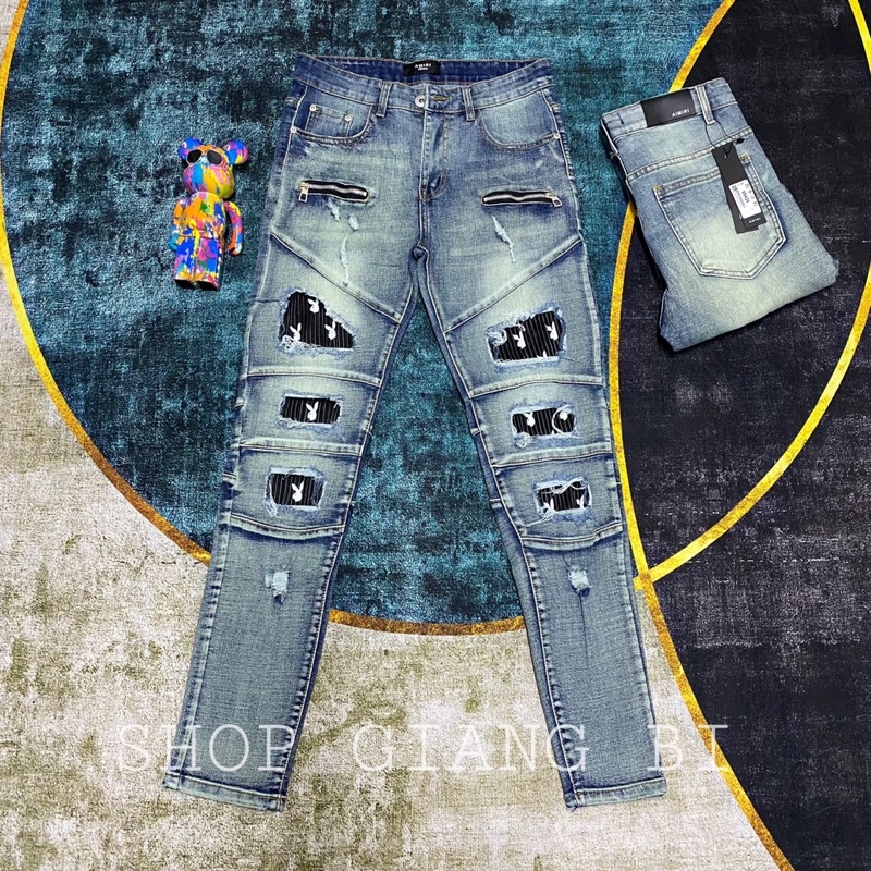 Quần jean vá da nhăn hình thỏ playboy khâu viền,quần bò vá da nhăn họa tiết thỏ play Aimiri wash màu bạc dáng slimfit