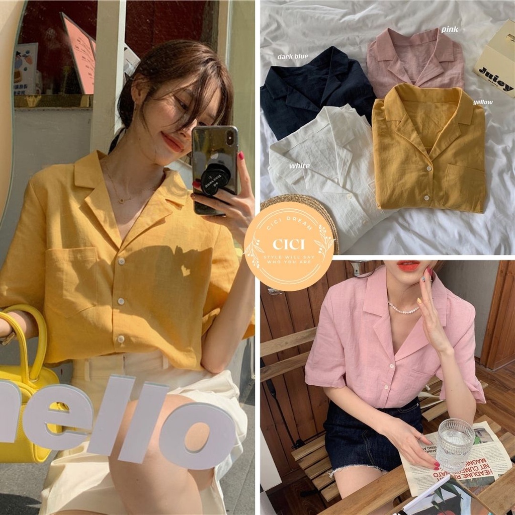 Áo sơ mi nữ cổ vest cộc tay dáng rộng phong cách Retro - Áo sơ mi nữ cổ vest V tay ngắn chất đũi trơn quốc dân nhiều màu