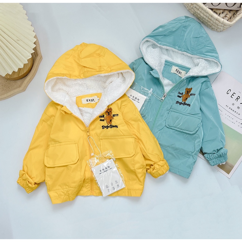 Áo khoác mùa đông, áo khoác lót lông thêu gấu BUGA BEAR túi thật cho bé trai, bé gái