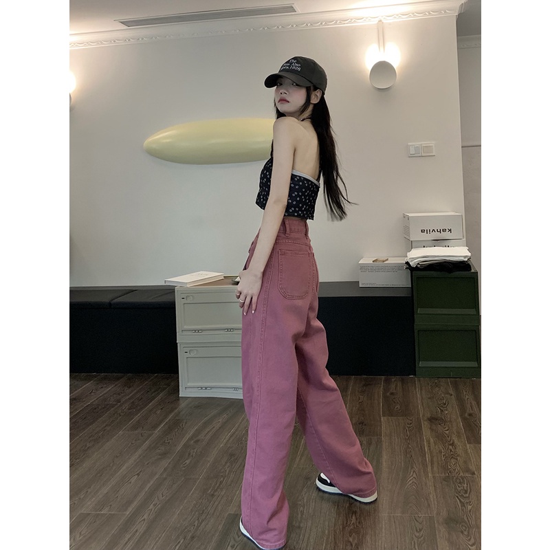 Ethelgirl Quần Jean Nữ Lưng Cao Ống Rộng Phong Cách retro Mỹ Cá Tính