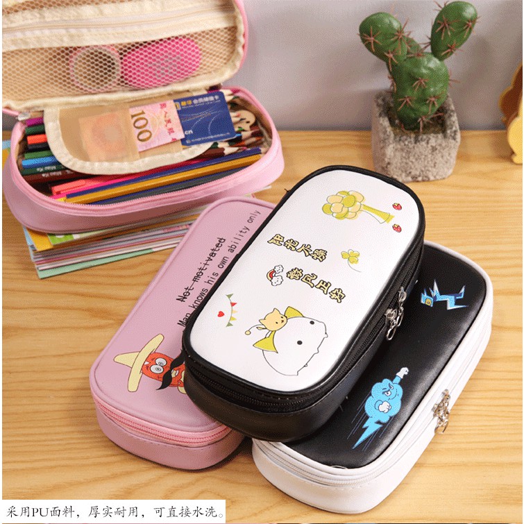 Bóp viết da size to hoạt hình trắng/hồng/đen