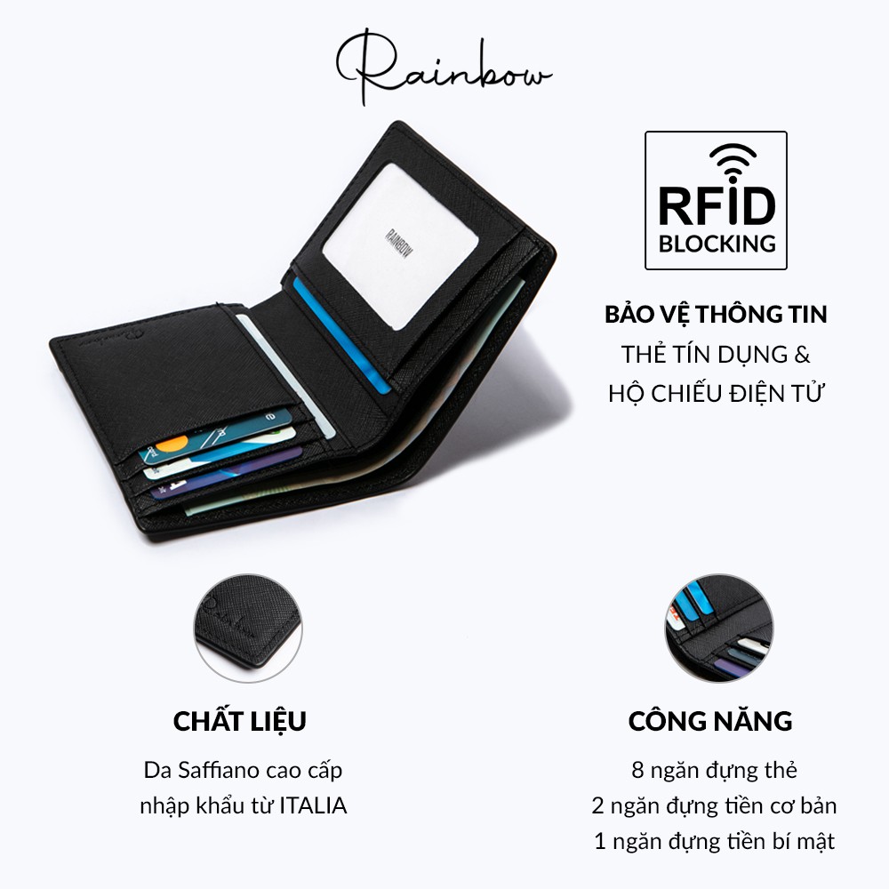 Ví nam da bò Ý Saffiano cao cấp Rainbow W004 - Bảo hành 3 năm chính hãng chống trộm RFID tiên tiến