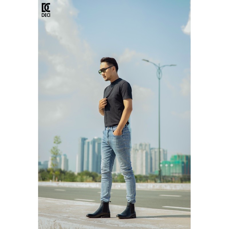 Giày nam cao cổ màu đen Chelsea boots da nguyên tấm đế tăng chiều cao DECI Bốt xít