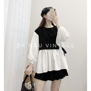 Áo kiểu nữ dáng Babydoll tay phồng tiểu thư phối đen trắng thắt dây eo – Da Nâu Vintage