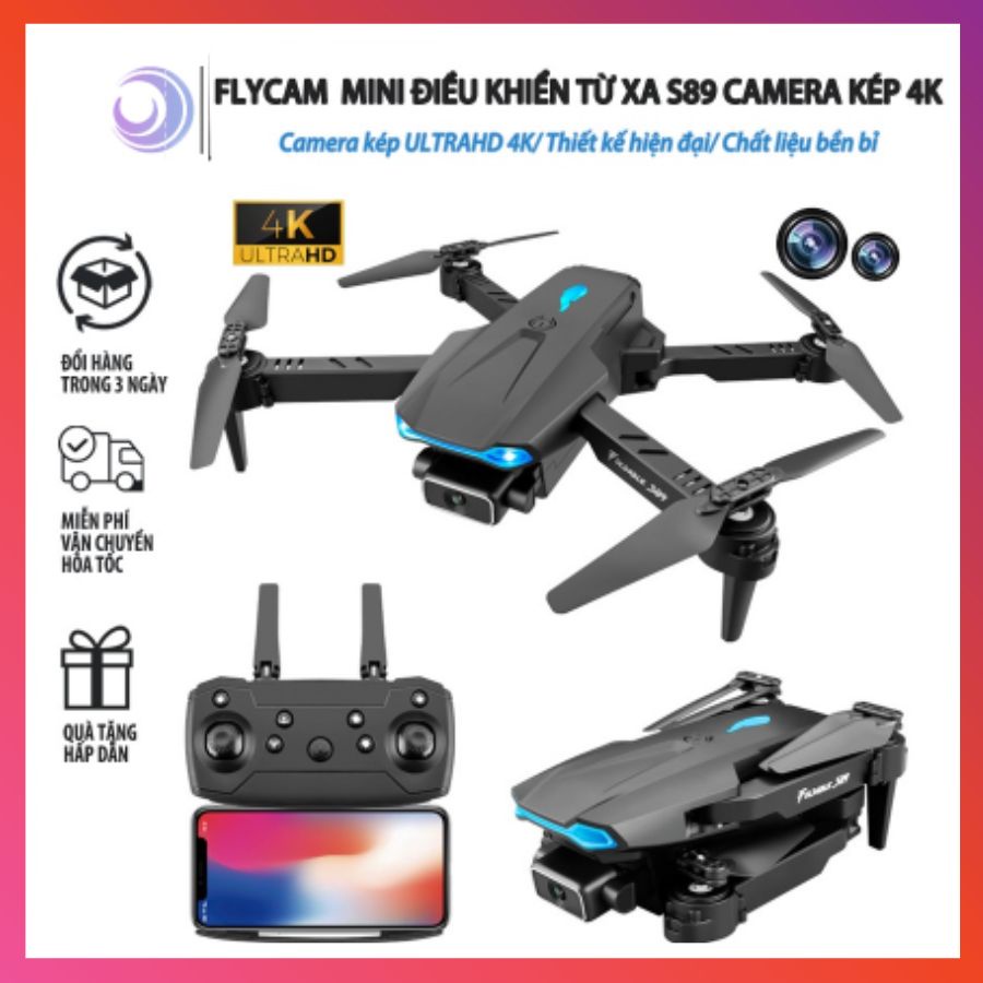 Flycam, máy bay điều khiển từ xa S89, camera kép 4K, có kết nối wifi, chống va đập