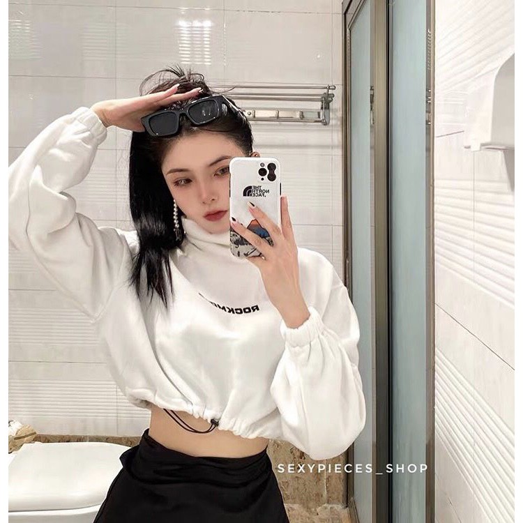 Áo Sweater Croptop Nữ Chất Nỉ Rút Eo Bo Tay In Chữ Ngực Siêu Xinh