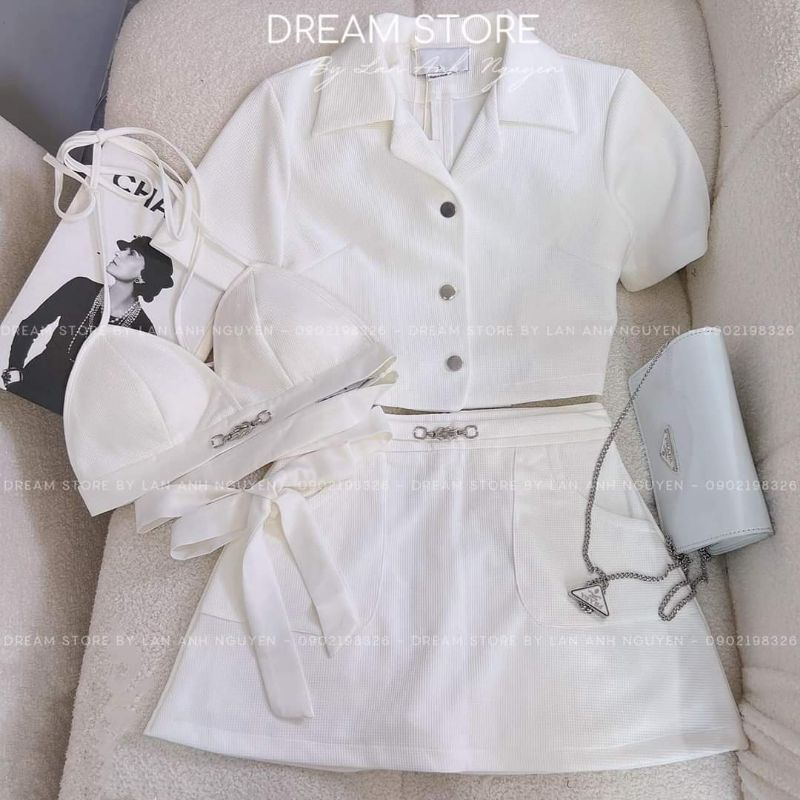 Set áo vest đính nút + áo lót + chân váy Hot