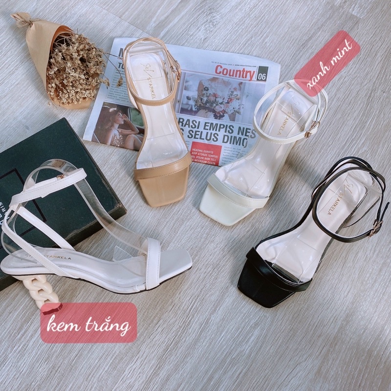 Giày cao gót 7p, giày cao gót mũi vuông bảng nhỏ trơn gót xoắn dây xích cao 7cm màu đen và kem trắng size 35 đến 39