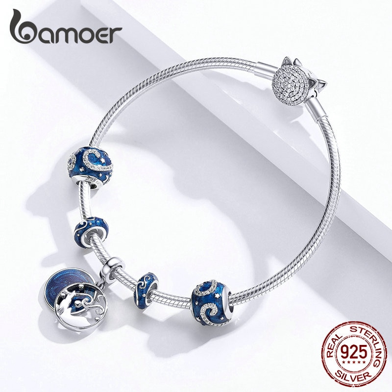 Mặt Phụ Kiện Bamoer SCC1388 Bằng Bạc 925 Màu Xanh Lam Họa Tiết Trời Đêm Trang Trí Vòng Tay Độc Đáo