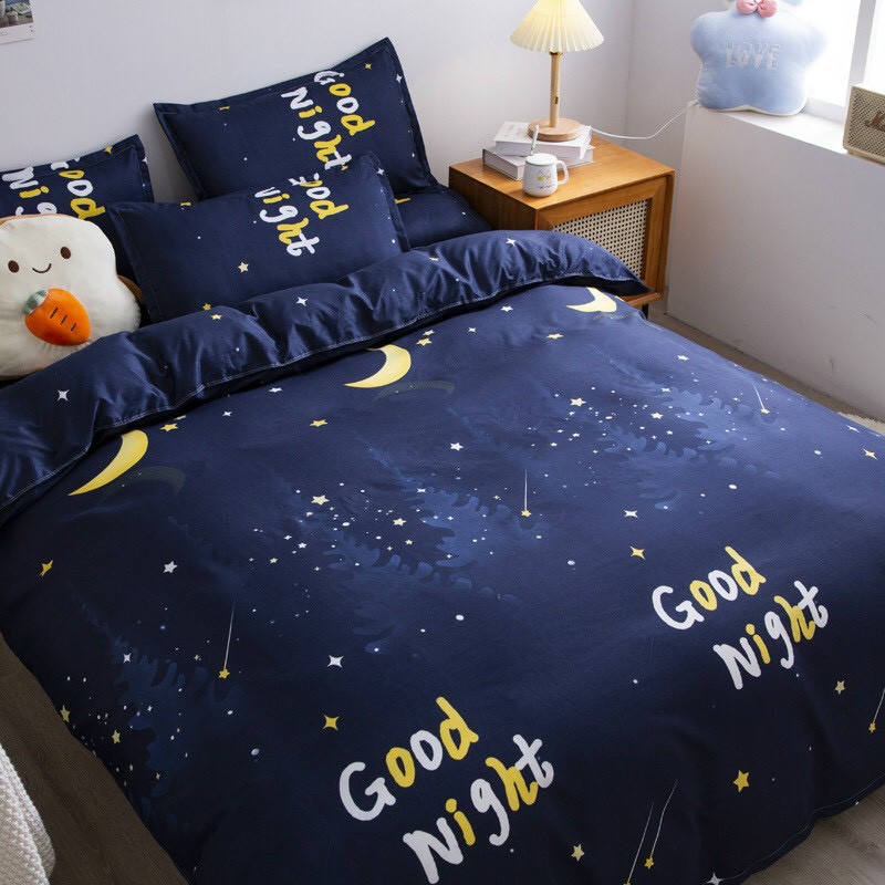 Trọn Bộ 4 Món Chăn Ga Gối Cotton Poly Nhập Mẫu MẶT TRĂNG GOODNIGHT Dành Cho Gia Đình Bạn( đủ kích thước)