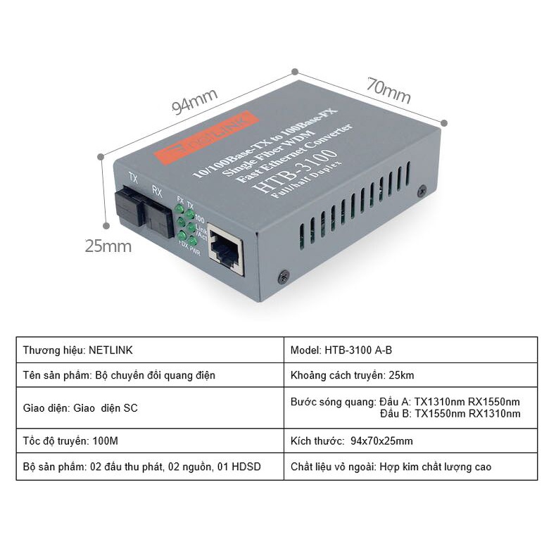 Bộ chuyển đổi quang điện 10/100M Single Fiber Netlink HTB-3100AB (1 Sợi quang)