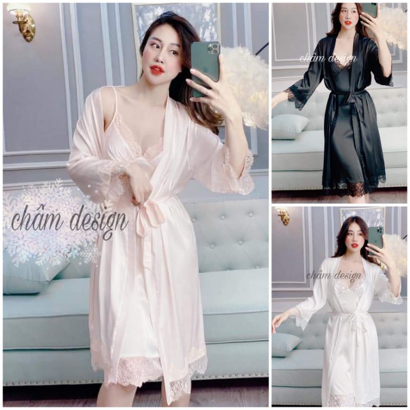 sét váy ngủ lụa satin dáng dài kèm choàng dáng dài tay lỡ, hàng thiết kế độc quyền