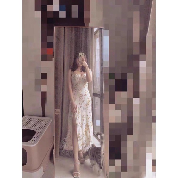 Váy đầm maxi hoa 2 dây xẻ tà hở lưng Rose Blackpink đi biển đi tiệc du lịch