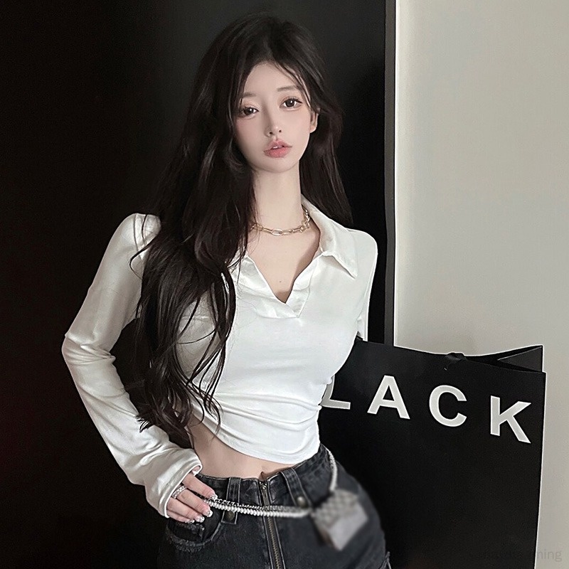 Áo Thun Tay Dài Cổ Chữ V Màu Sắc Đơn Giản Phong Cách Hàn Quốc