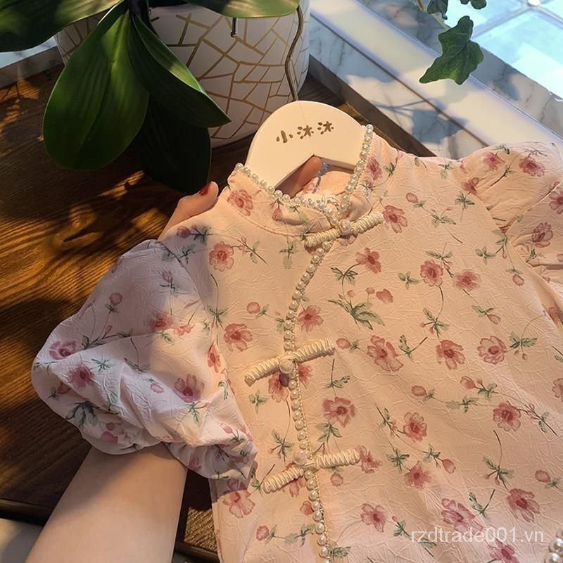 Đầm sườn xám phối vải voản mỏng đáng yêu phong cách Trung Hoa cổ điển thời trang mùa hè dành cho bé gái