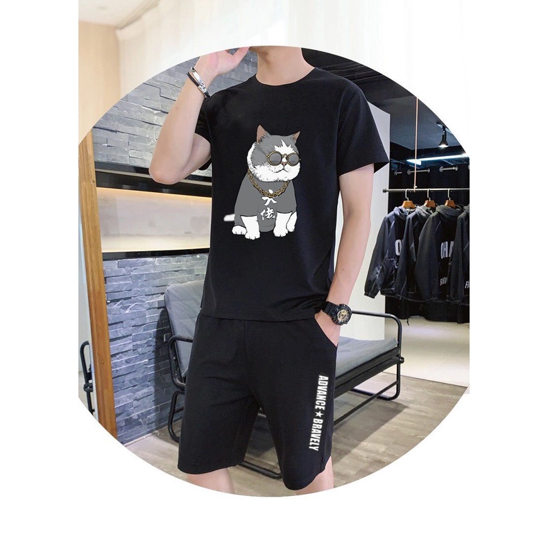 Bộ thể thao nam nữ Unisex  𝐅𝐫𝐞𝐞𝐬𝐡𝐢𝐩  Set mặc nhà gồm Áo thun mè tay ngắn và Quần short hình in mèo kính dễ thương