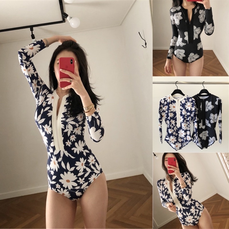 Bộ bơi nữ liền 1 mảnh , đồ bơi nữ dài tay kéo khoá hoạ tiết hoa lớn