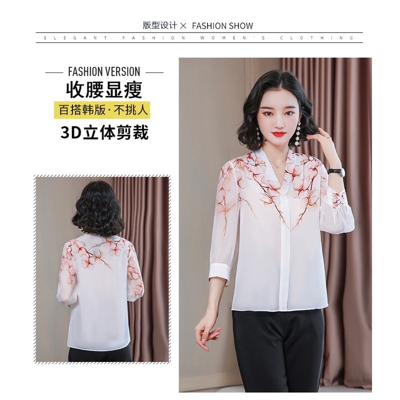 sơ mi nữ dài tay cổ v vai in hoa chất liệu nhẹ thoáng mát