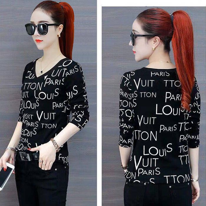 Áo Thun Nữ Tay Dài Cổ Chữ V In Họa Tiết Phong Cách Phương Tây Thời Trang Mùa Thu Mới